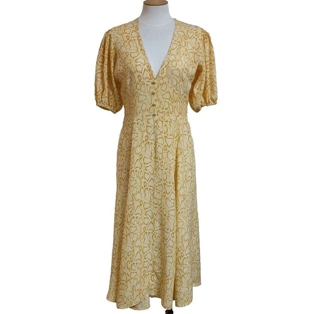 Faithfull The Brand Yellow Snakeskin 100% Rayon Tie Back Prarie Style Dress 4 - Picture 3 of 14